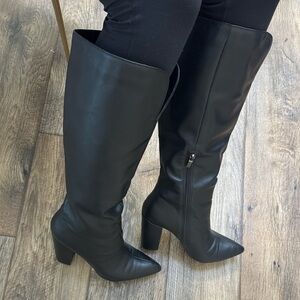 Sleek Black Faux Leather Knee-High Boot Heel Pointed Toe Just Fab Size 7.5